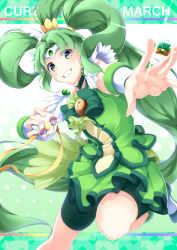 Rule 34 | 10s, 1girl, between fingers, bike shorts, bow, brooch, character name, choker, circlet, cowboy shot, cure march, green bow, green choker, green eyes, green hair, green shirt, green shorts, green skirt, green theme, grin, highres, holding, jewelry, long hair, looking at viewer, magical girl, midorikawa nao, ponytail, precure, shirt, shorts, shorts under skirt, skirt, sleeveless, sleeveless shirt, smile, smile precure!, solo, tri tails, very long hair, wrist cuffs, ytyrytyr