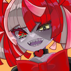 Rule 34 | 1girl, bow, choker, close-up, colored sclera, colored skin, colored tongue, diamond-shaped pupils, diamond (shape), green eyes, grey hair, grey sclera, grey skin, hair between eyes, heart, heart choker, heterochromia, highres, hololive, hololive indonesia, kureiji ollie, medium hair, multicolored eyes, multicolored hair, open mouth, orange background, patchwork skin, pink hair, purple tongue, red bow, red eyes, red hair, sharp teeth, simple background, solo, stitches, symbol-shaped pupils, teeth, ten kogane, tongue, upper body, virtual youtuber, x-shaped pupils, yellow eyes, zombie