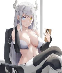 Rule 34 | 1girl, bad id, bad pixiv id, bare shoulders, blue eyes, bra, breasts, cellphone, chair, cleavage, crossed legs, front-hook bra, hands up, heterochromia, highres, holding, horns, keenh, large breasts, long hair, looking at viewer, navel, off shoulder, office chair, open bra, original, pants, phone, sidelocks, sitting, smartphone, solo, stomach, swivel chair, underwear, very long hair, white bra, white hair, yellow eyes