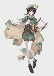 Rule 34 | 1boy, absurdres, androgynous, beret, black hair, blue hair, bow, braid, brooch, cape, collared cape, collared shirt, commentary, corset, diamond (shape), feathers, flower, frilled sleeves, frills, full body, gem, genshin impact, gradient hair, green cape, green eyes, green hat, green shorts, hat, hat flower, highres, holding, holding cape, holding clothes, holding instrument, instrument, jewelry, leaf, long sleeves, looking at viewer, lyre, male focus, multicolored hair, open mouth, pantyhose, pinwheel, shirt, shoes, short hair with long locks, shorts, side braids, sidelocks, simple background, smile, solo, standing, twin braids, venti (genshin impact), vision (genshin impact), white background, white flower, white pantyhose, white shirt, yuitonoel