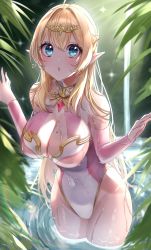 Rule 34 | 1girl, absurdres, bare shoulders, blonde hair, blue eyes, blush, breasts, cleavage, elf, halterneck, highleg, highleg swimsuit, highres, large breasts, long hair, looking at viewer, mole, mole on breast, mole under eye, one-piece swimsuit, open mouth, original, pink one-piece swimsuit, pointy ears, skin tight, solo, swimsuit, thighs, tiara, virtual youtuber, wading, water, wet, white one-piece swimsuit, yayoi maka
