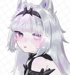 Rule 34 | 1girl, ahoge, animal ears, bare shoulders, black bodysuit, black eyes, black hairband, bodysuit, cross-shaped pupils, detached sleeves, grey eyes, grey hair, hair intakes, hairband, heterochromia, highres, long hair, looking at viewer, mechanical ears, mismatched pupils, misoso 25, no.21: feral scent (punishing: gray raven), no.21 (punishing: gray raven), punishing: gray raven, sidelocks, solo, symbol-shaped pupils, tongue, tongue out, unkempt, wolf ears