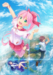 Rule 34 | 1boy, 2girls, :d, aqua eyes, arm up, black hair, blue sky, brown hair, casual, cloud, cloudy sky, continents, day, glasses, green eyes, hair ribbon, hairband, highres, long hair, looking at viewer, multiple girls, nicca (kid nicca), open mouth, original, outstretched arms, pink hair, pleated skirt, ponytail, red eyes, ribbon, shoes, skirt, sky, smile, sneakers, sparkle, spread arms, watch, wristwatch