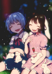 Rule 34 | 2girls, ^ ^, animal, animal ears, animal on lap, black hair, blue bow, blue dress, blue hair, bow, buck teeth, carrot necklace, cirno, closed eyes, collared shirt, dappled sunlight, dress, eyebrows, fang, frilled sleeves, frills, hair bow, highres, ice, inaba tewi, jewelry, laughing, light particles, miebao, motion blur, multiple girls, neck ribbon, necklace, on lap, open mouth, pinafore dress, pink dress, puffy short sleeves, puffy sleeves, rabbit, rabbit ears, rabbit tail, red ribbon, ribbon, shade, shirt, short sleeves, sitting, sleeveless dress, sunlight, tail, teeth, touhou, white shirt