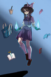 Rule 34 | 1girl, absurdres, bag, blue background, book, bookmark, bow, bowtie, brown hair, bubble tea, cellphone, fedora, full body, glasses, gloves, hat, highres, loafers, low twintails, open book, phone, psychic, purple shirt, purple skirt, school bag, school uniform, shirt, shoes, short sleeves, short twintails, skirt, smartphone, telekinesis, touhou, twintails, usami sumireko