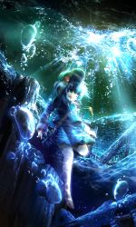 Rule 34 | 1girl, barefoot, blue eyes, blue hair, bubble, chain, facing away, hair bobbles, hair ornament, hat, highres, holding breath, kawashiro nitori, key, light rays, matching hair/eyes, one eye closed, pengin (takeoff425), revision, shipwreck, short hair, skirt, skirt set, sleeves past wrists, solo, sunbeam, sunlight, touhou, twintails, two side up, underwater, wink