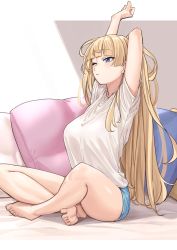 Rule 34 | 1girl, arms up, barefoot, blue shorts, blunt bangs, breasts, closed mouth, crossed legs, highres, large breasts, lina (michihasu), long hair, michihasu, one eye closed, original, pillow, shirt, short sleeves, shorts, sitting, solo, stretching, thighs, very long hair, white shirt