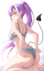 1girl absurdres adjusting_clothes adjusting_panties ass back bare_shoulders blush bra braid braided_bangs breasts demon_tail fingernails from_behind green_eyes grey_bra grey_panties high_ponytail highres hololive large_breasts long_hair median_furrow nail_polish panties parted_lips pink_nails ponytail purple_hair shinigami_kiraki solo tail thighs tokoyami_towa underwear virtual_youtuber white_background