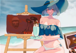 Rule 34 | 1girl, bare shoulders, beach, bikini, breasts, cherry, cleavage, day, easel, food, fruit, grey hair, highres, large breasts, mochiya99, navel, off-shoulder bikini, off shoulder, outdoors, painting (object), parfait, pectorals, pixiv fantasia, pixiv fantasia age of starlight, pure eva, red eyes, sitting, smile, spoon, swimsuit