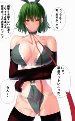 Rule 34 | 1girl, absurdres, alternate costume, bad shadow, bare shoulders, blush, breasts, closed mouth, collar, commentary request, contrapposto, covered navel, cowboy shot, embarrassed, enmimontoria, furrowed brow, gluteal fold, green hair, hair between eyes, highres, kazami yuuka, large breasts, leash, looking to the side, red eyes, short hair, solo, touhou, translation request, viewer holding leash