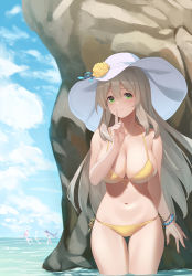 Rule 34 | 3girls, bangle, bare arms, bikini, blonde hair, blue archive, blue sky, bracelet, breasts, cloud, cloudy sky, cowboy shot, day, finger to mouth, flower, front-tie top, green eyes, hat, hat flower, hoshino (blue archive), hoshino (swimsuit) (blue archive), jewelry, large breasts, legs together, long hair, looking at viewer, multiple girls, nonomi (blue archive), nonomi (swimsuit) (blue archive), ocean, outdoors, rock, serika (blue archive), serika (swimsuit) (blue archive), shushing, side-tie bikini bottom, sky, smile, solo focus, splashing, standing, stomach, sun hat, swimsuit, thigh gap, thighs, twintails, water, yellow bikini, zi se