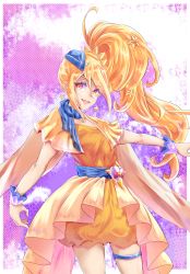 Rule 34 | 1girl, :d, blonde hair, capelet, collarbone, cowboy shot, cure etoile, dress, floating hair, g tear, hair between eyes, hair ornament, highres, hugtto! precure, kagayaki homare, long hair, looking at viewer, magical girl, open mouth, orange eyes, outstretched arm, precure, short dress, side ponytail, sleeveless, sleeveless dress, smile, solo, standing, star (symbol), star hair ornament, thigh strap, very long hair, wrist cuffs, yellow capelet, yellow dress
