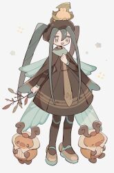Rule 34 | 1girl, aqua hair, black hat, black pantyhose, branch, brown dress, bug miku (project voltage), butterfly wings, clenched hands, creatures (company), dress, full body, game freak, gen 4 pokemon, gen 5 pokemon, hat, hatsune miku, highres, holding, holding branch, insect wings, kricketot, long bangs, long hair, mary janes, nintendo, nodori710, official alternate costume, open mouth, pantyhose, pokemon, pokemon (creature), project voltage, sewaddle, shoes, simple background, twintails, vocaloid, white background, wings