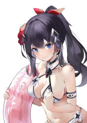 Rule 34 | 1girl, absurdres, bare shoulders, bikini, black choker, black hair, blue eyes, bow, breasts, choker, cleavage, closed mouth, fang, hair between eyes, hair bow, hair ornament, hairclip, highres, innertube, large breasts, long hair, looking at viewer, navel, original, paheide guang, ponytail, red bow, solo, swim ring, swimsuit, upper body