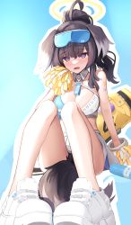 Rule 34 | 1girl, absurdres, ahoge, animal ears, bare legs, black hair, blue archive, blue background, blush, bottle, breasts, cleavage, crop top, daran9, dog ears, dog tail, full body, goggles, goggles on head, hair between eyes, halo, hibiki (blue archive), hibiki (cheer squad) (blue archive), highres, holding, holding pom poms, knees up, large breasts, long hair, looking at viewer, millennium cheerleader outfit (blue archive), open mouth, outline, pom pom (cheerleading), pom poms, ponytail, purple eyes, shoes, shoulder tattoo, sidelocks, simple background, sitting, skirt, solo, star tattoo, tail, tattoo, white outline, white skirt