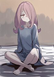 Rule 34 | 1girl, breasts, bright pupils, domdom, hair between eyes, hair over one eye, highres, little witch academia, long hair, on bed, oversized clothes, oversized shirt, pajamas, pink hair, red eyes, shirt, simple background, sketch, small breasts, solo, sucy manbavaran, white pupils