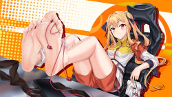 Rule 34 | 1girl, absurdres, barefoot, blonde hair, blush, cellphone, earbuds, earphones, feet, highres, long hair, looking at viewer, orange eyes, phone, shoes, unworn shoes, shorts, sitting, smartphone, smile, soles, toes, twintails, virtual youtuber, xo (xo17800108)