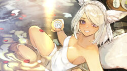 Rule 34 | absurdres, alcohol, animal ear fluff, animal ears, blush, braid, breasts, cat ears, cat tail, cup, facial mark, final fantasy, final fantasy xiv, full-face blush, grey hair, hide (hideout), highres, holding, holding cup, looking at viewer, medium breasts, miqo&#039;te, naked towel, onsen, partially submerged, petals, purple eyes, short hair, sitting, smile, sunset, tail, tan, towel, warrior of light (ff14), water, whisker markings