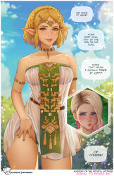 Rule 34 | 2girls, blonde hair, breasts, crossover, english text, gwen stacy, highres, large breasts, marvel, multiple girls, nintendo, princess zelda, prywinko, spider-gwen, spider-man: into the spider-verse, spider-man (series), spider-verse, the legend of zelda, the legend of zelda: tears of the kingdom