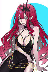 Rule 34 | 1girl, absurdres, baobhan sith (fate), bare shoulders, black dress, black nails, blue background, blush, breasts, cleavage, dress, earrings, fangs, fate/grand order, fate (series), fukou, grey eyes, hair ornament, highres, jewelry, large breasts, long hair, looking at viewer, meme attire, modakawa dress, multicolored background, nail polish, open mouth, pointy ears, red hair, sidelocks, solo, white background