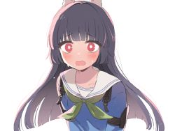 Rule 34 | 1girl, animal ears, armband, black hair, blue archive, blue shirt, blush, bright pupils, fake animal ears, green neckwear, hairband, long hair, long sleeves, looking at viewer, manio, miyu (blue archive), open mouth, raised eyebrows, red eyes, sailor collar, shirt, solo, sweatdrop, upper body, white pupils