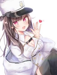 Rule 34 | 1girl, :d, absurdres, azur lane, black bow, black thighhighs, blush, bow, breasts, brown hair, cleavage, commentary request, fur hat, fur trim, glint, hair bow, hand up, hat, heart, highres, jacket, jewelry, knees up, long hair, long sleeves, looking at viewer, medium breasts, moko (mokochisa), one side up, open mouth, pamiat merkuria (azur lane), peaked cap, red eyes, ring, simple background, sitting, smile, solo, thighhighs, wedding band, white background, white hat, white jacket