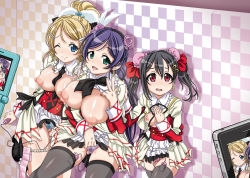 Rule 34 | 10s, 3girls, ayase eli, black hair, blonde hair, blue eyes, blue panties, blush, breasts, breasts out, camera phone, cellphone, condom, condom packet strip, condom wrapper, green eyes, huge breasts, large breasts, long hair, looking at viewer, love live!, love live! school idol project, multiple girls, nipples, nori (akusei shinseibutsu), one eye closed, panties, phone, pink panties, ponytail, puffy nipples, purple hair, purple panties, red eyes, sex toy, small breasts, smartphone, smile, thighhighs, tojo nozomi, twintails, underwear, vibrator, vibrator in thighhighs, yazawa nico