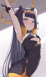Rule 34 | 1girl, absurdres, arched back, armpits, arms up, asymmetrical gloves, ayamenma, black gloves, blue eyes, blunt bangs, blush, closed mouth, covered erect nipples, cowboy shot, cutout above navel, diamond hairband, dress, elbow gloves, extra ears, flat chest, from below, from side, fur-trimmed collar, fur choker, fur collar, fur trim, gloves, gradient hair, halo, headpiece, highres, hololive, hololive english, long hair, looking at viewer, mole, mole under eye, multicolored hair, ninomae ina&#039;nis, ninomae ina&#039;nis (1st costume), no nose, orange hair, pointy ears, purple hair, sidelocks, simple background, single elbow glove, smile, solo, strapless, strapless dress, stretching, tentacle hair, tube dress, two-tone hair, uneven gloves, very long hair, virtual youtuber