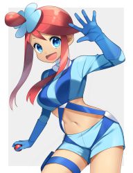 Rule 34 | 1girl, :d, absurdres, blue eyes, blue gloves, blue shorts, cowboy shot, creatures (company), crop top, floating hair, game freak, gloves, gym leader, hair ornament, highres, long sleeves, looking at viewer, midriff, navel, nintendo, one side up, open mouth, outstretched hand, pokemon, pokemon bw, red hair, short hair with long locks, short shorts, shorts, sidelocks, skyla (pokemon), smile, solo, standing, stomach, thigh strap, turtleneck, waving, white background, yuihico