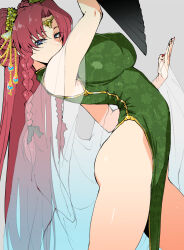 Rule 34 | 1girl, ass, blue eyes, braid, breasts, china dress, chinese clothes, circlet, dress, from side, green dress, hand fan, henriiku (ahemaru), highres, hong meiling, large breasts, long hair, looking at viewer, pelvic curtain, red hair, see-through, see-through sleeves, solo, touhou, twin braids