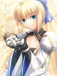Rule 34 | 1boy, 1girl, ahoge, artoria caster (fate), artoria caster (third ascension) (fate), artoria pendragon (fate), black gloves, blonde hair, blue bow, blush stickers, bow, cape, closed eyes, closed mouth, clothing cutout, collarbone, commentary request, diamond hairband, dress, elbow gloves, fate/grand order, fate (series), fur-trimmed cape, fur trim, gloves, gold trim, green eyes, grin, hair between eyes, hair bow, hair ornament, holding, holding person, juliet sleeves, long hair, long sleeves, mini person, miniboy, oberon (fate), ponytail, puffy sleeves, shoori (migiha), short hair, sidelocks, size difference, smile, upper body, very long hair, white cape, white dress, white footwear, wide sleeves