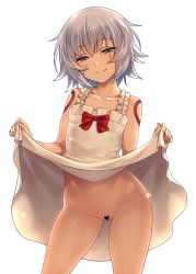 Rule 34 | 1girl, absurdres, bad id, bad twitter id, bare arms, bare shoulders, bow, censored, closed mouth, clothes lift, collarbone, commentary request, contrapposto, cowboy shot, dress, dress lift, fate/apocrypha, fate/grand order, fate (series), female focus, frills, gluteal fold, green eyes, groin, half-closed eyes, head tilt, heart, heart censor, highres, jack the ripper (fate/apocrypha), lifted by self, looking at viewer, naughty face, no panties, official alternate costume, orochi itto, pussy, red bow, scar, scar across eye, scar on face, short hair, shoulder tattoo, silver hair, simple background, skirt, skirt lift, sleeveless, sleeveless dress, smile, solo, sparkle, sundress, tan, tattoo, thighs, white background, white dress