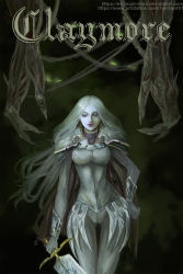 Rule 34 | 1girl, armor, breasts, cape, claymore (series), claymore (sword), evilinspiration, fantasy, greatsword, grey pants, grey shirt, hand on own hip, highres, holding, holding sword, holding weapon, long hair, long sleeves, looking at viewer, pale skin, pants, pauldrons, shirt, shoulder armor, skin tight, slit pupils, smile, sword, teresa (claymore), vambraces, weapon, white hair, yellow eyes