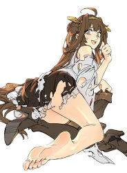 Rule 34 | 1girl, ahoge, ass, barefoot, boots, brown hair, detached sleeves, double bun, feet, hair bun, hairband, headgear, high heel boots, high heels, highres, holding, holding shoes, japanese clothes, kantai collection, kongou (kancolle), long hair, nontraditional miko, ribbon-trimmed sleeves, ribbon trim, ruukii drift, shoe soles, shoes, single shoe, skirt, soles, solo, thigh boots, thighhighs, toes, torn clothes, unworn boots, unworn shoe