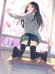 Rule 34 | 1girl, :d, absurdres, back, black hair, black thighhighs, blue eyes, blush, cardigan, cherry blossoms, cropped, day, desk, door, feet, from behind, green skirt, grey cardigan, hair ornament, hairclip, hand up, highres, holding, indoors, kantoku, kneeling, long hair, looking at viewer, looking back, miyaguchi hiromi, necktie, no shoes, non-web source, on desk, open mouth, original, paper airplane, petals, plaid, plaid necktie, plaid neckwear, plaid skirt, pleated skirt, scan, school desk, school uniform, skirt, sleeves past wrists, smile, soles, solo, thighhighs
