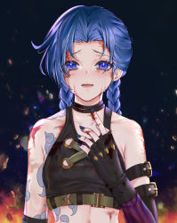 Rule 34 | 1girl, absurdres, arcane: league of legends, arcane jinx, arm tattoo, bare shoulders, blood, blue hair, braid, breasts, choker, closed mouth, cloud tattoo, collarbone, crop top, embers, fingerless gloves, gloves, hand up, highres, jinx (league of legends), league of legends, long hair, looking at viewer, pants, parted bangs, rixiang chu tian jinx, sad, shoulder tattoo, solo, tattoo, tears, twin braids, twintails