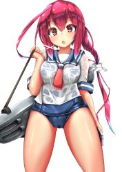 Rule 34 | 1girl, blush, breasts, cellphone, cowboy shot, gluteal fold, hair ribbon, highres, i-168 (kancolle), kantai collection, long hair, machinery, one-piece swimsuit, open mouth, phone, pink hair, ponytail, red eyes, ribbon, school swimsuit, school uniform, serafuku, small breasts, smartphone, swimsuit, swimsuit under clothes, torpedo launcher, unomi, wet, wet clothes, white background