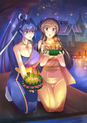 Rule 34 | 2girls, :d, alternate costume, bare shoulders, blush, breasts, candle, cleavage, haganef, highres, indian clothes, japanese clothes, jewelry, kimono, kneeling, large breasts, long hair, mitsurugi meiya, multiple girls, muv-luv, muv-luv alternative, muv-luv total eclipse, necklace, night, night sky, open mouth, river, sash, sky, smile, stairs, star (sky), starry sky, takamura yui