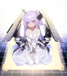 Rule 34 | 1girl, azur lane, bad id, bad twitter id, bare shoulders, blunt bangs, blush, breasts, closed mouth, criss-cross halter, detached sleeves, dress, fingernails, flight deck, halterneck, highres, long hair, looking at viewer, machinery, nail polish, no shoes, ohisashiburi, pantyhose, pink nails, purple eyes, purple hair, sitting, small breasts, smile, solo, stuffed animal, stuffed toy, stuffed unicorn, stuffed winged unicorn, unicorn (azur lane), v arms, very long hair, wariza, white dress, white pantyhose