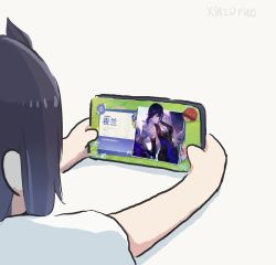 Rule 34 | 1girl, artist name, black hair, cellphone, chibi, commentary, genshin impact, highres, holding, holding phone, lying, on stomach, phone, screenshot inset, shirt, short hair, sidelocks, simple background, smartphone, solo, symbol-only commentary, t-shirt, white background, white shirt, xinzoruo, yelan (genshin impact)