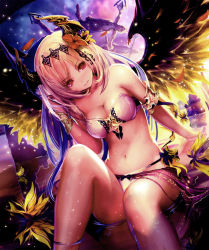 Rule 34 | 10s, 1girl, absurdres, arm support, armlet, bandeau, bare shoulders, bikini, blonde hair, blue hair, breasts, cleavage, dark angel olivia, dutch angle, flower, hair ornament, hibiscus, highres, horns, long hair, multicolored hair, navel, partially submerged, red eyes, scan, shingeki no bahamut, shiny skin, sitting, smile, solo, swimsuit, tachikawa mushimaro, two-tone hair, water, wet, white bikini, wings, wristlet
