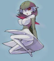 Rule 34 | 1girl, animal, barefoot, blush, breasts, colored skin, creatures (company), dress, feet, game freak, gardevoir, gen 3 pokemon, green hair, green skin, groin, image sample, large breasts, looking at viewer, masha, nintendo, open mouth, pixiv sample, pointy ears, pokemon, pokemon (creature), red eyes, short hair, solo, tongue, white skin
