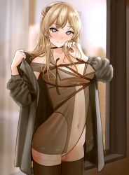 Rule 34 | 1girl, bad id, bad pixiv id, black thighhighs, blonde hair, blue eyes, blurry, blurry background, blush, braid, breasts, brown dress, choker, cleavage, coat tug, collarbone, covered navel, cowboy shot, dress, earrings, girls&#039; frontline, hair ornament, highres, indoors, jacket, jewelry, k5 (girls&#039; frontline), large breasts, leotard, long hair, looking at viewer, off shoulder, open clothes, open dress, open jacket, see-through, sidelocks, skindentation, smile, solo, string, thighhighs, thighs, turisasu