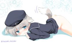 Rule 34 | 10s, 1girl, animal ears, ass, blush, bottomless, dog ears, dog tail, fang, grey hair, hat, inuzumi masaki, kantai collection, looking at viewer, short hair, sleeves past wrists, solo, tail, tail wagging, twitter username, z1 leberecht maass (kancolle)