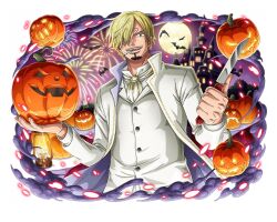 Rule 34 | ascot, blonde hair, cigarette, fireworks, formal, full moon, hair over one eye, halloween, holding, holding knife, jack-o&#039;-lantern, knife, male focus, moon, night, night sky, one piece, one piece treasure cruise, open mouth, sanji (one piece), sky, smoking, suit, teeth, white ascot, white suit