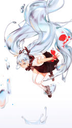Rule 34 | 1girl, blue hair, blurry, bottle miku, depth of field, falling, fish, hatsune miku, highres, long hair, outstretched arms, pleated skirt, school uniform, serafuku, skirt, solo, spread arms, thighhighs, twintails, vocaloid, water drop, white thighhighs, xiayu93, zettai ryouiki