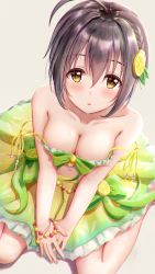 Rule 34 | 1girl, :o, absurdres, ahoge, bare shoulders, black hair, blush, bow, bracelet, braid, breasts, cleavage, collarbone, crop top, food-themed hair ornament, food themed hair ornament, frilled skirt, frills, from above, green bow, green skirt, hair ornament, highres, idolmaster, idolmaster cinderella girls, jewelry, kohinata miho, lemon hair ornament, looking at viewer, looking up, masuku (saint mask), medium breasts, navel, own hands together, parted lips, short hair, simple background, sitting, skirt, solo, strap slip, symbol-only commentary, wariza, white background, yellow eyes