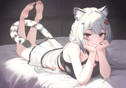 Rule 34 | 1girl, animal ear fluff, animal ears, barefoot, bed, black hair, black nails, breasts, closed mouth, commission, crop top, facial mark, feet, gradient hair, grey hair, hair ornament, hairclip, long hair, looking at viewer, lying, multicolored hair, nail polish, nito (nshtntr), on bed, on stomach, original, red eyes, scar, scar on leg, skeb commission, skirt, solo, tail, tiger ears, tiger girl, tiger tail, toenail polish, toenails, whisker markings, white hair