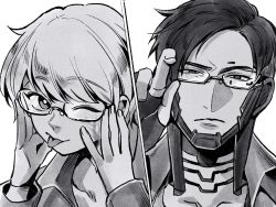Rule 34 | 1boy, 1girl, animification, apex legends, bespectacled, bright pupils, close-up, crypto (apex legends), facial scar, glasses, greyscale, hair behind ear, head tilt, highres, lichtenberg figure, looking at viewer, looking to the side, monochrome, mozuwaka, one eye closed, parted hair, scar, scar on cheek, scar on face, short hair, tongue, tongue out, wattson (apex legends), white pupils