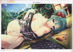 Rule 34 | 1girl, absurdres, bare shoulders, breasts, cleavage, collarbone, day, grey hair, hair ornament, highres, japanese clothes, kimono, large breasts, long hair, looking at viewer, official art, page number, purple eyes, scan, senran kagura, senran kagura new link, shiny skin, simple background, sky, solo, thighs, yaegashi nan
